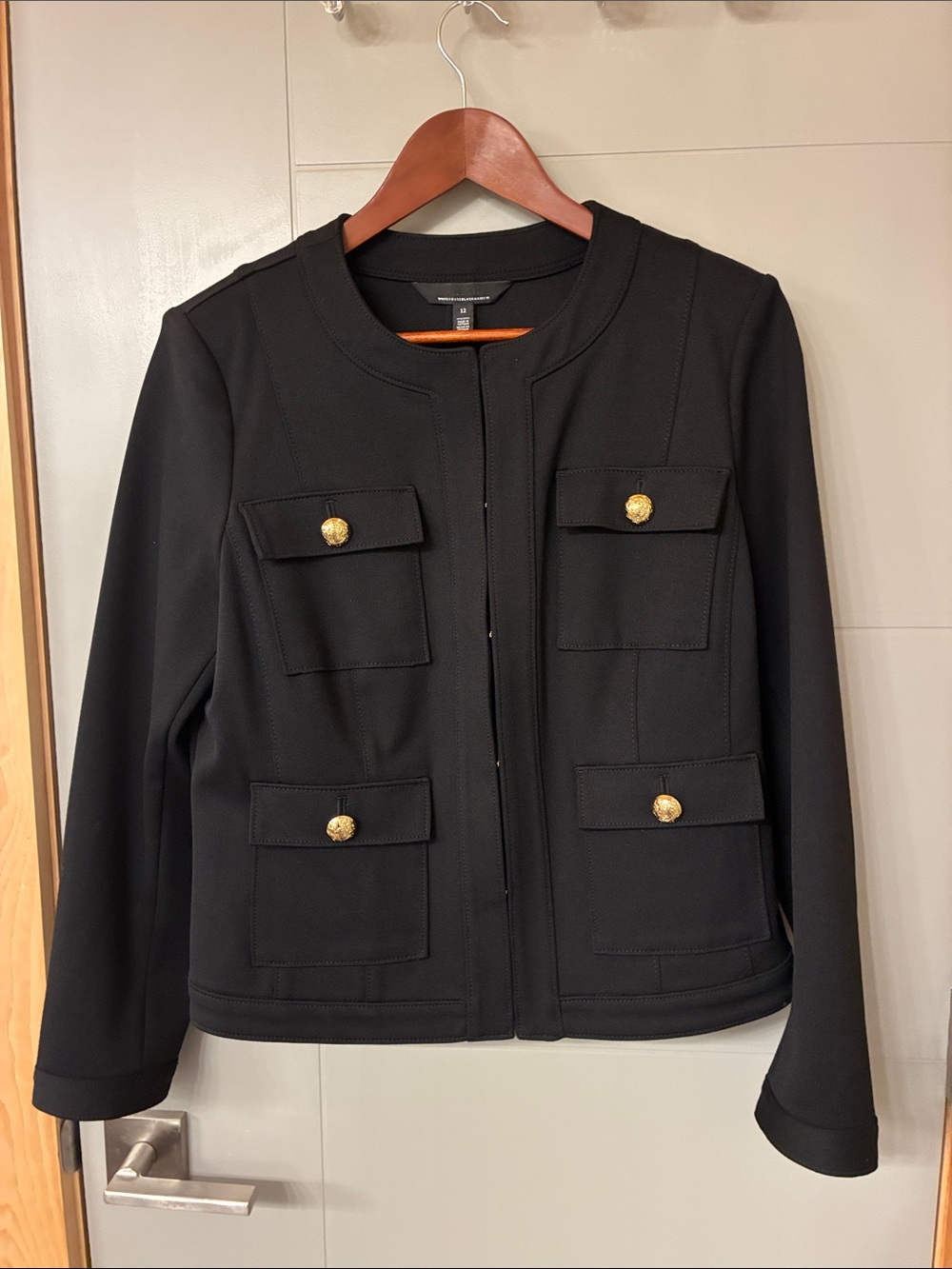 White House Black Market Black Collarless Four-Pocket Jacket with Gold Buttons